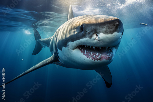 a great white shark, piercing gaze, intense details, in deep ocean waters, dynamic lighting © Marco Attano