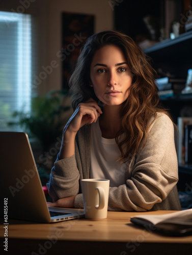 portrait of a woman in her home office, holding a cup of coffee, gazing at her computer screen, an online personal development course on the screen. Mood: focused, determined