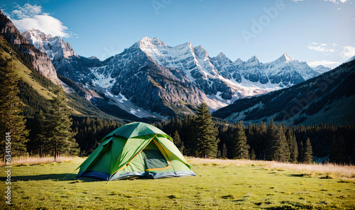 green outdoor tent camping alone on green grass with big mountains and forest in back, generative AI