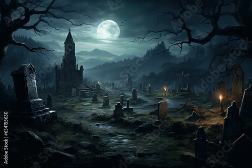 Eerie ancient graveyard night. Generate Ai