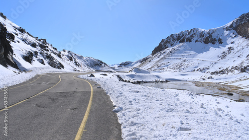 road, Snow and sun on Valley of Maule (Andes mountains, Chile, San Clemente)