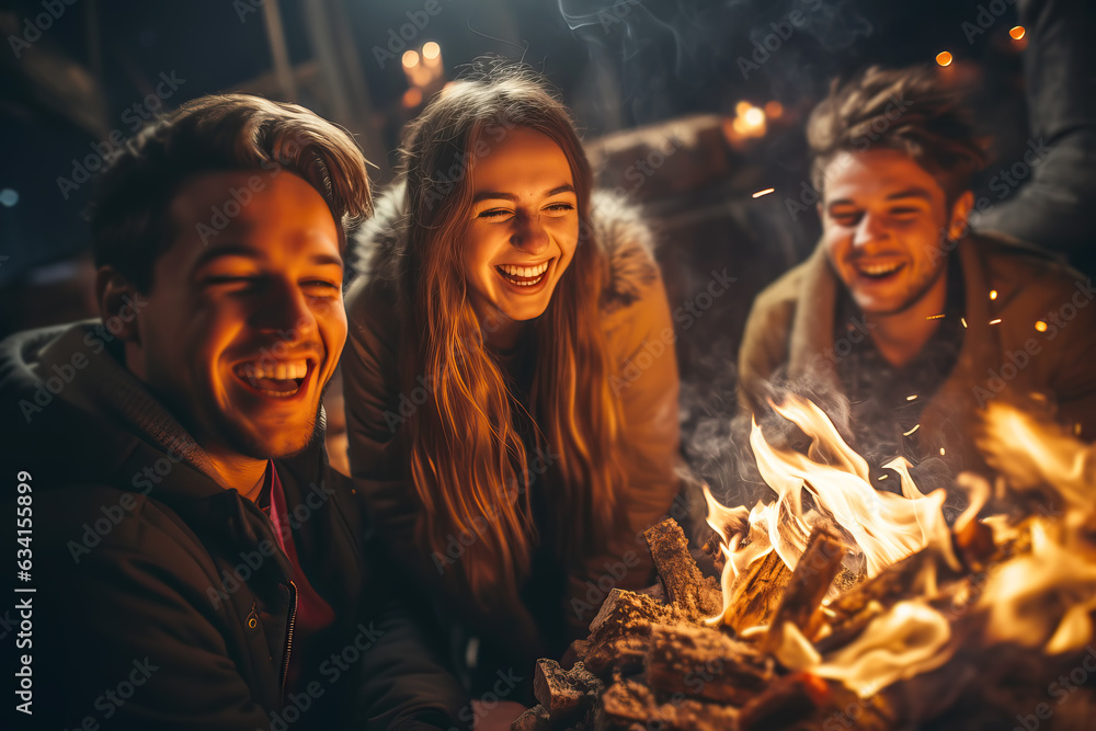 Group of friends sit by night fire, have fun and fry marshmallows. Group of friends sit by night fire, have fun and fry marshmallows.