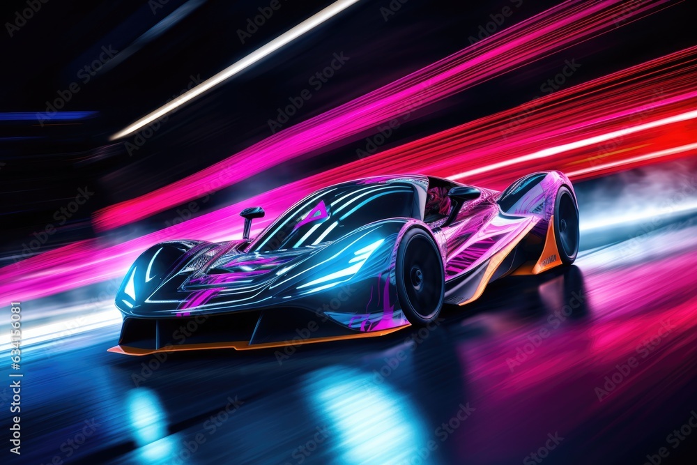 Futuristic drift car in motion with neon fast lines and abstract smoke. High speed concept in technological blue purple colors Futuristic drift car in motion with neon fast lines and abstract smoke. High speed concept in technological blue purple colors