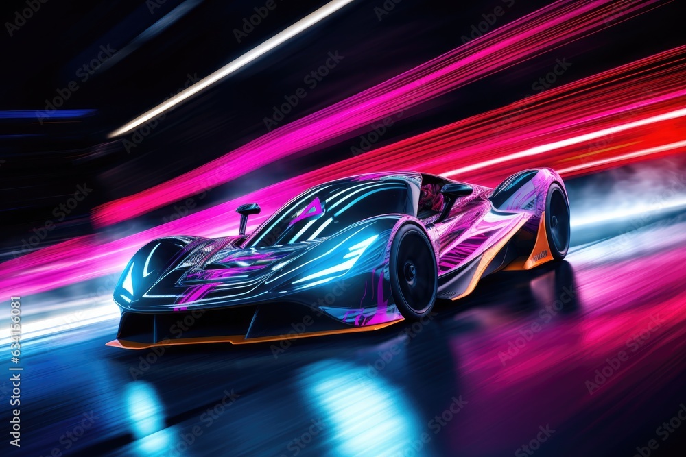 Futuristic drift car in motion with neon fast lines and abstract smoke. High speed concept in technological blue purple colors