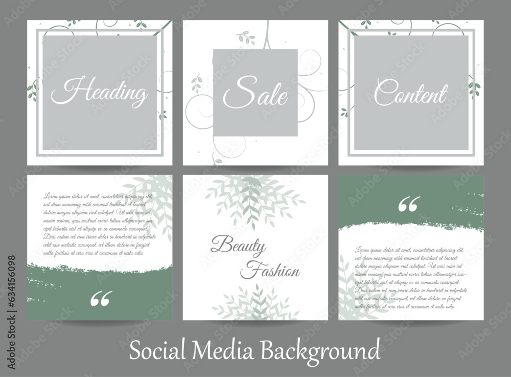 Social media carousel post in green watercolor paint and floral graphic background for women, fashion, and beauty. Creative soft aesthetic social media story and feed template