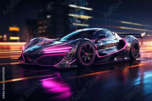 Futuristic drift car in motion with neon fast lines and abstract smoke. High speed concept in technological blue purple colors © ChaoticMind