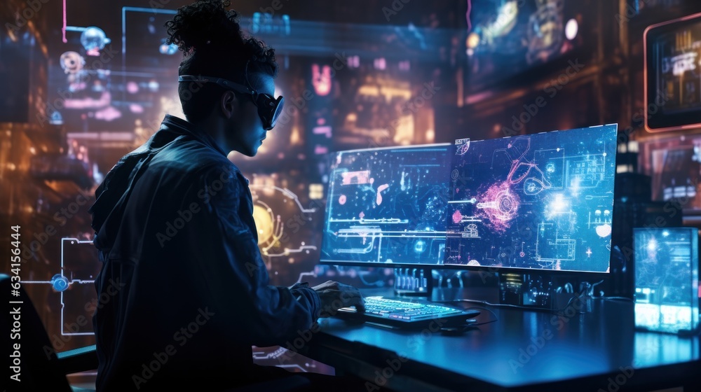 Visualize a skilled cyberpunk hacker operating within a futuristic landscape, surrounded by holographic interfaces, intricate code, and immersive virtual reality components Visualize a skilled cyberpunk hacker operating within a futuristic landscape, surrounded by holographic interfaces, intricate code, and immersive virtual reality components