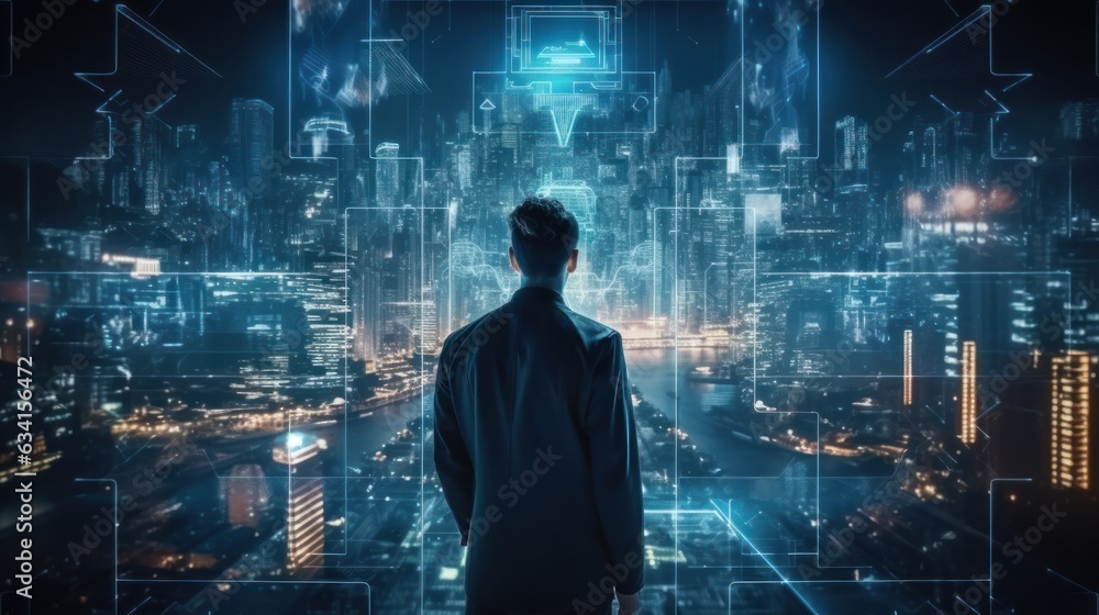 Visualize a skilled cyberpunk hacker operating within a futuristic landscape, surrounded by holographic interfaces, intricate code, and immersive virtual reality components - obrazy, fototapety, plakaty 