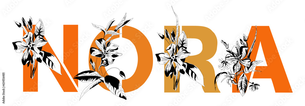 Woman's name Nora. Font composition named NORA. Decorative floral font. Typography in the style of art nouveau, modern, vintage. Woman's name Nora. Font composition named NORA. Decorative floral font. Typography in the style of art nouveau, modern, vintage.