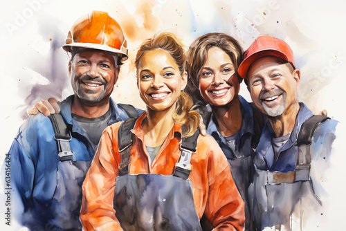 Watercolor drawn attractive multiracial people of working profession. World labor day.