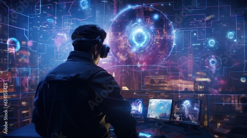 Visualize a skilled cyberpunk hacker operating within a futuristic landscape  surrounded by holographic interfaces  intricate code  and immersive virtual reality components