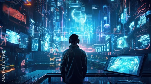 Visualize a skilled cyberpunk hacker operating within a futuristic landscape, surrounded by holographic interfaces, intricate code, and immersive virtual reality components © Damian Sobczyk