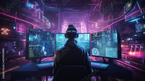 Visualize a skilled cyberpunk hacker operating within a futuristic landscape, surrounded by holographic interfaces, intricate code, and immersive virtual reality components © Damian Sobczyk