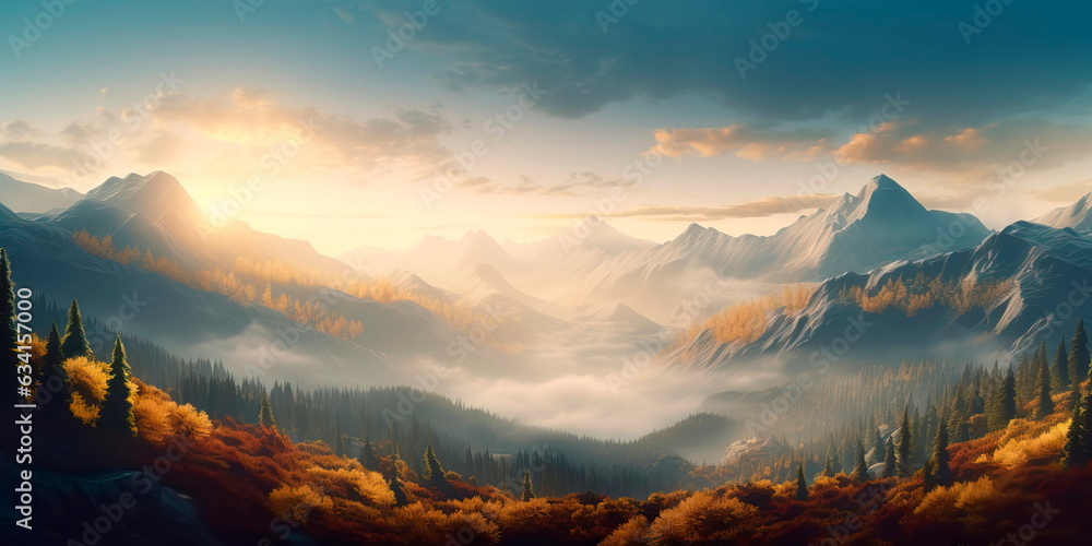 panoramic illustration of a misty autumn morning in the mountains, with golden trees and a glimpse of distant peaks. Generative Ai