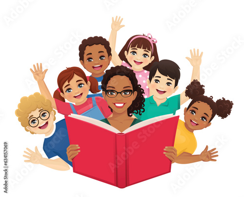 Cute children reading big story book with female African American teacher isolated vector illustration