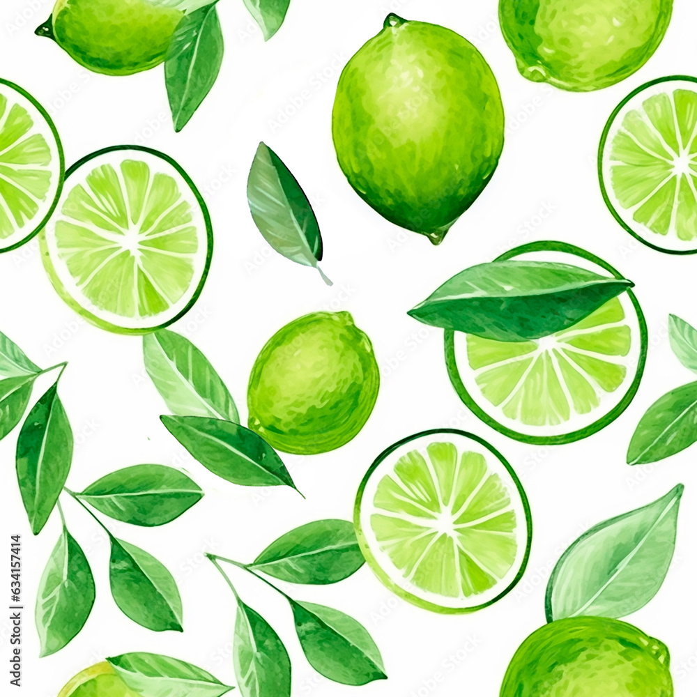 Green fresh limes with leaves seamless pattern