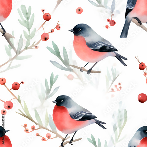 Bullfinch birds seamless watercolor pattern winter illustration Christmas theme