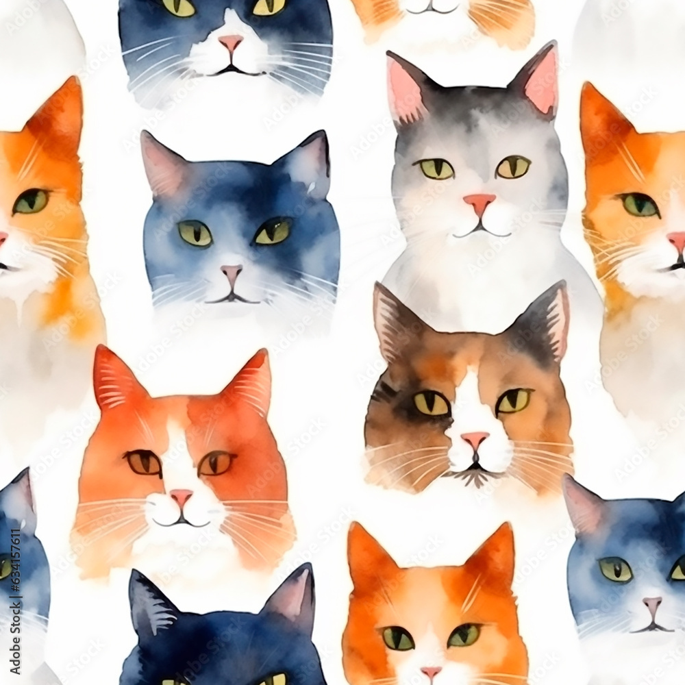 Cute cats heads seamless pattern watercolor texture pet print Cute cats heads seamless pattern watercolor texture pet print