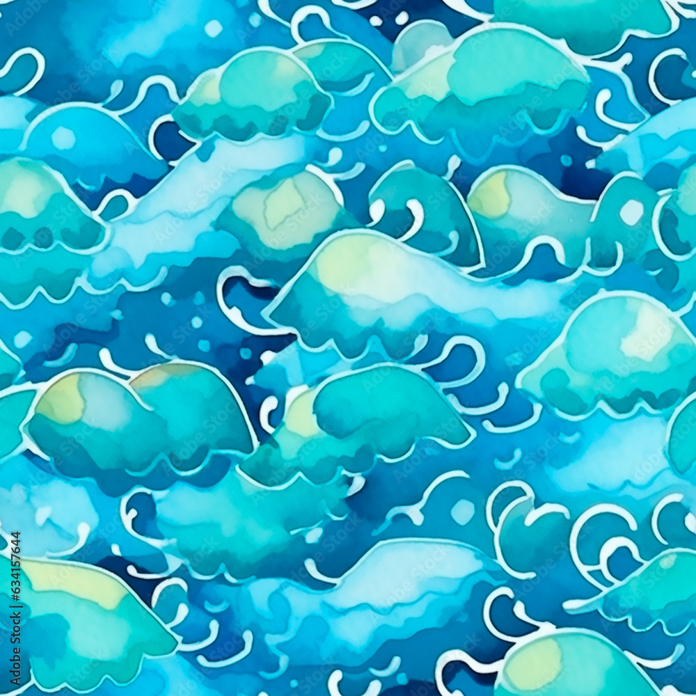 Blue waves seamless pattern watercolor texture bright cute illustration Blue waves seamless pattern watercolor texture bright cute illustration