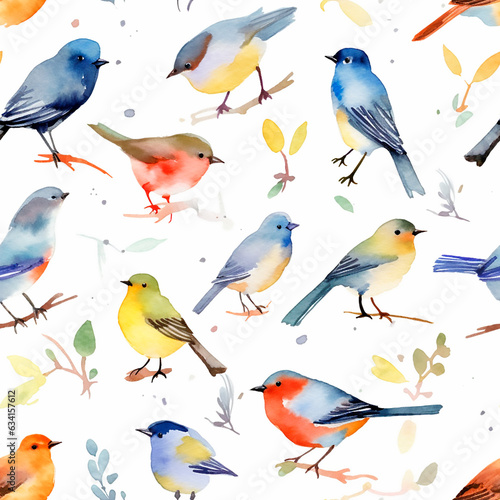 Colorful birds on the white background seamless patterns watercolor texture cute illustration © Alina