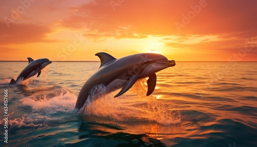 beautiful dolphins jumping out of sea at sunset
