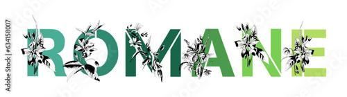 Woman's name Romane. Font composition named ROMANE. Decorative floral font. Typography in the style of art nouveau, modern, vintage.