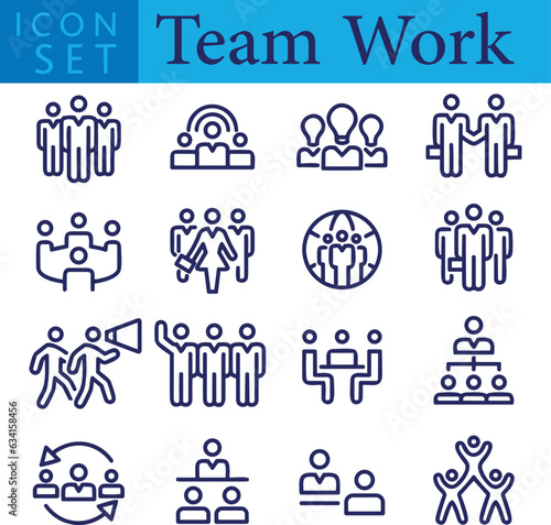 Set of Teamwork line icons set. Teamwork outline icons with editable stroke collection. Includes Team, Cooperation, Vision, Motivation, Success, and More. 