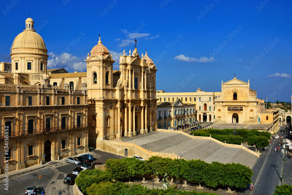 View over the Baroque town of Noto with cathedral, Sicily, Italy