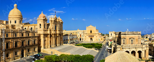Panoramic view over the Baroque town of Noto with cathedral, Sicily, Italy photo