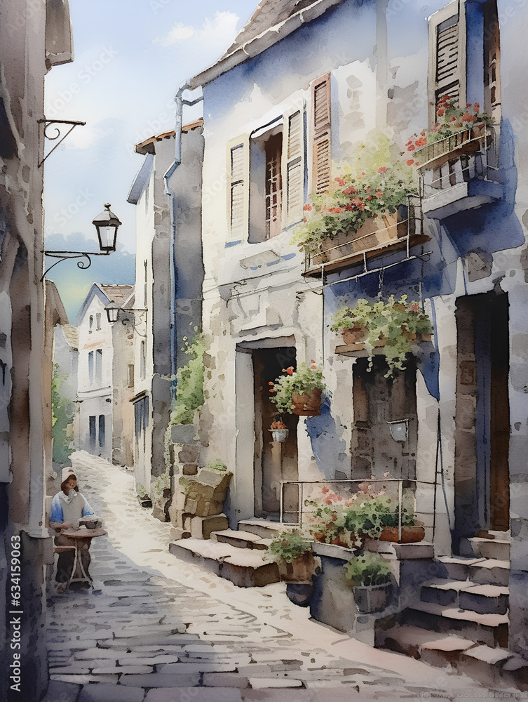 Obraz premium Background with watercolor town and buildings. AI