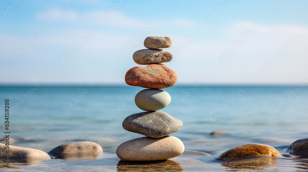 Concept of harmony and balance. Balance stones against the sea. Created with Generative AI technology.