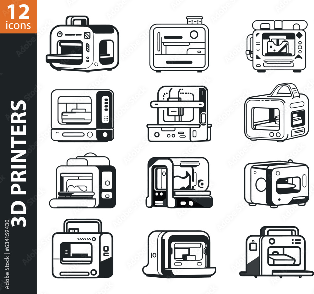 3D printers line icons set. 3D printers icons collection. 3D printers line icons set. 3D printers icons collection.