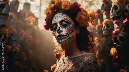Slika na platnu Beautiful woman with sugar skull makeup in a mexican cemetery.