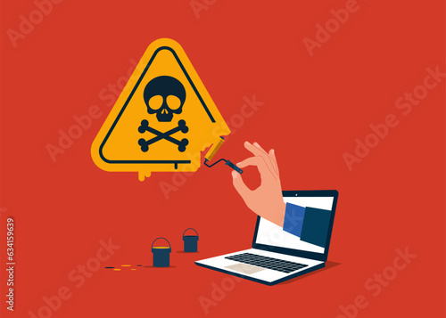 Computer holding paint roller. Painting with special roller repair equipment a  danger sign.