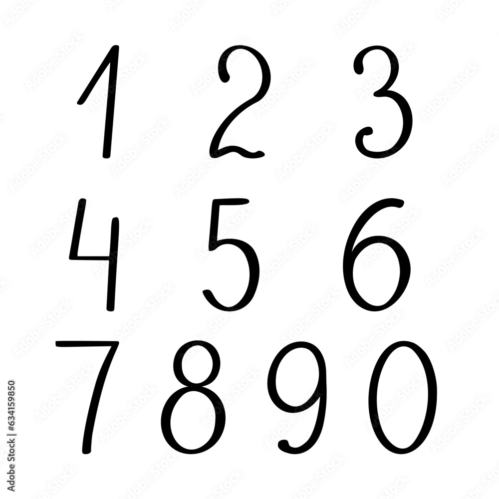 Black numbers doodle style outline vector illustration, one, two, three, four, five, six, seven, eight, nine, zero calligraphic digits, cute funny decorative handwriting, lined art lettering Black numbers doodle style outline vector illustration, one, two, three, four, five, six, seven, eight, nine, zero calligraphic digits, cute funny decorative handwriting, lined art lettering
