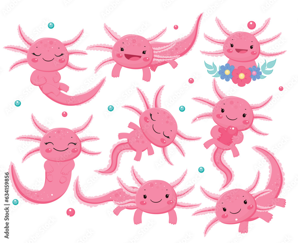 Obraz premium Pink axolotls set.Vector illustration.Isolayted illustration on white background.Cartoon style.