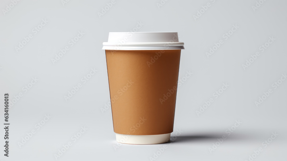 brown paper cup with white lid with space for writing on a white background. Created with Generative AI technology. brown paper cup with white lid with space for writing on a white background. Created with Generative AI technology.