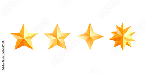A collection of vector gold stars on a transparent background.
