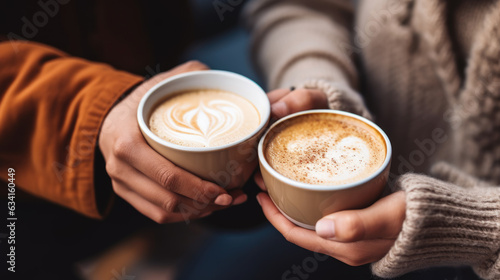 Women s hands in jumpers holding mugs of coffee. Created with Generative AI technology.