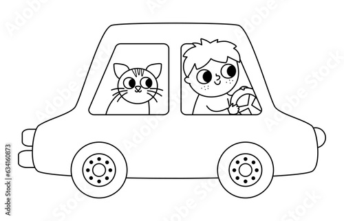 Vector black and white car with driver and cat. Funny automobile for kids with boy and pet. Cute vehicle line clip art with passenger. Retro transport icon or coloring page isolated on white