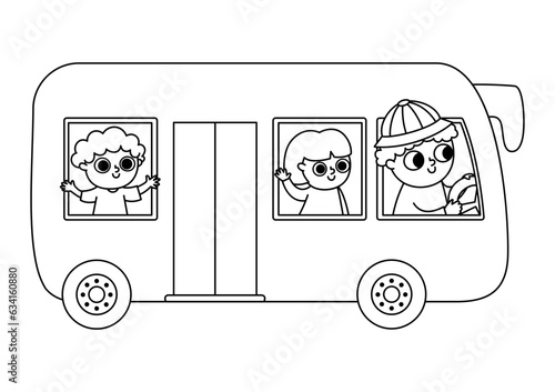 Vector black and white bus with driver and passengers. Funny line autobus for kids with cute boy and girl. Cute vehicle clip art. Public transport icon or coloring page isolated on white background.