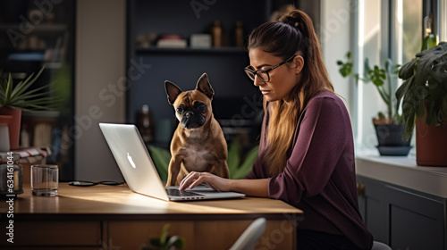 Young female entrepreneur works from a home office sitting at her laptop with her dog by her side. Created with Generative AI technology. © MP Studio
