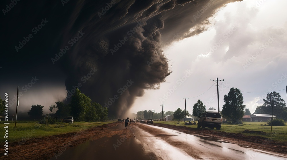 A massive tornado sweeps across the landscape, displaying the raw power and destructive force of nature. 'generative AI' 