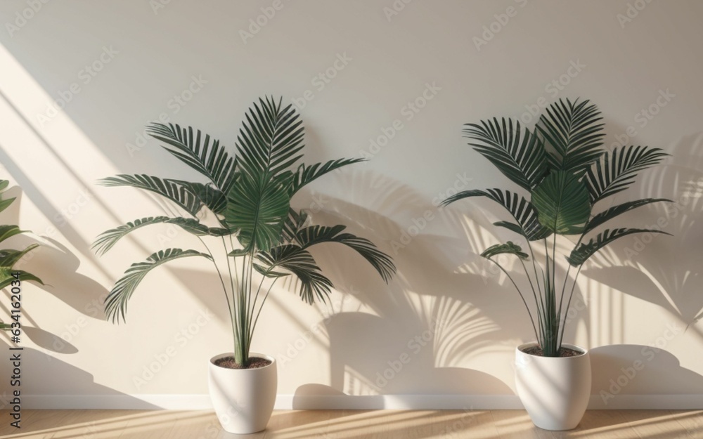 white background with wall with green palm trees and shadow white background with wall with green palm trees and shadow