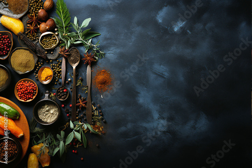 Few spices, olives, one fork, one knife on an old and rusty blue wooden stovetop on rough black ground, in the style of minimalist backgrounds, intricate foliage, website, metallic texture.