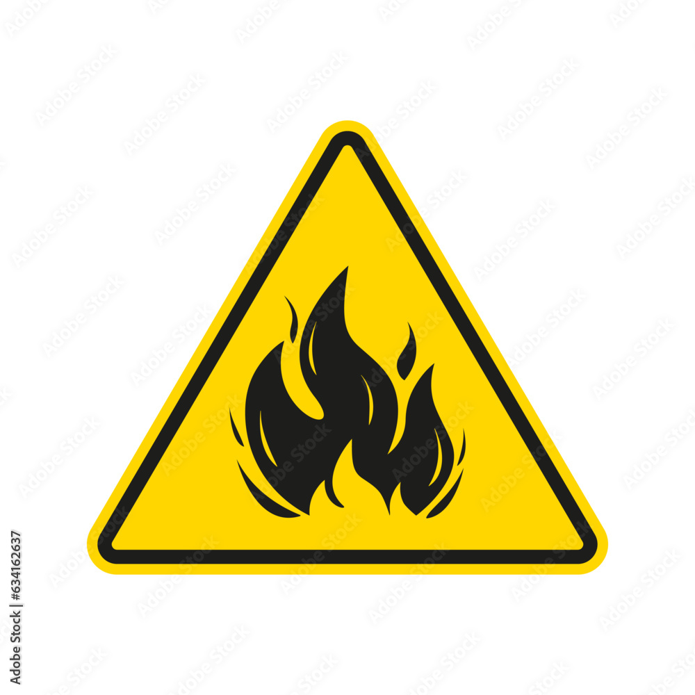 Fire warning sign. Flammable icon. Flame, danger triangle label. Vector illustration. Fire warning sign. Flammable icon. Flame, danger triangle label. Vector illustration.