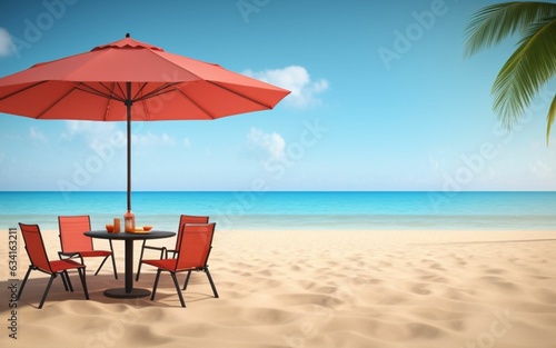 sunny beach with umbrella and beach chairs