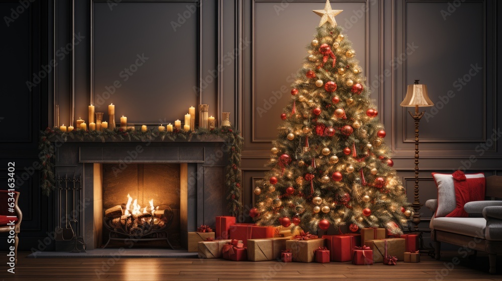 christmas tree with gifts and decorations near the fireplace