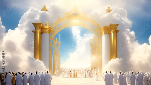 The righteous in white robes at the shining gates of the entrance to the Kingdom of Heaven. AI generation