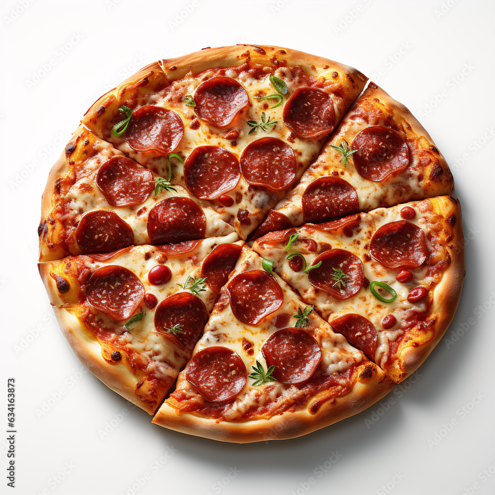 Classic pepperoni pizza with cut slices isolated on a white background. Classic pepperoni pizza with cut slices isolated on a white background.